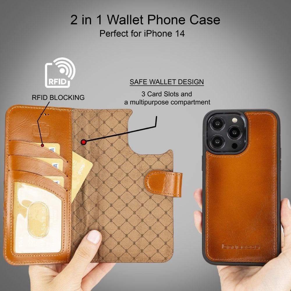 Magic iPhone 14 Series Detachable Darker Color Genuine Leather Wallet Case -