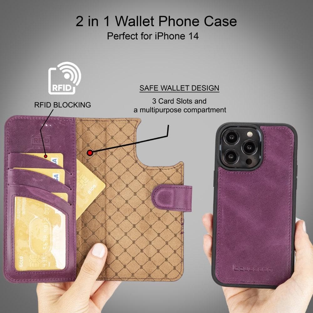 Magic iPhone 14 Series Detachable Darker Color Genuine Leather Wallet Case -