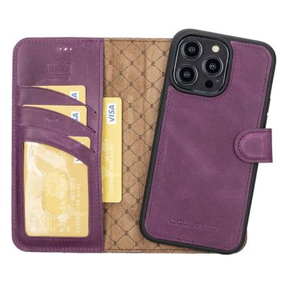 Magic iPhone 14 Series Detachable Darker Color Genuine Leather Wallet Case -