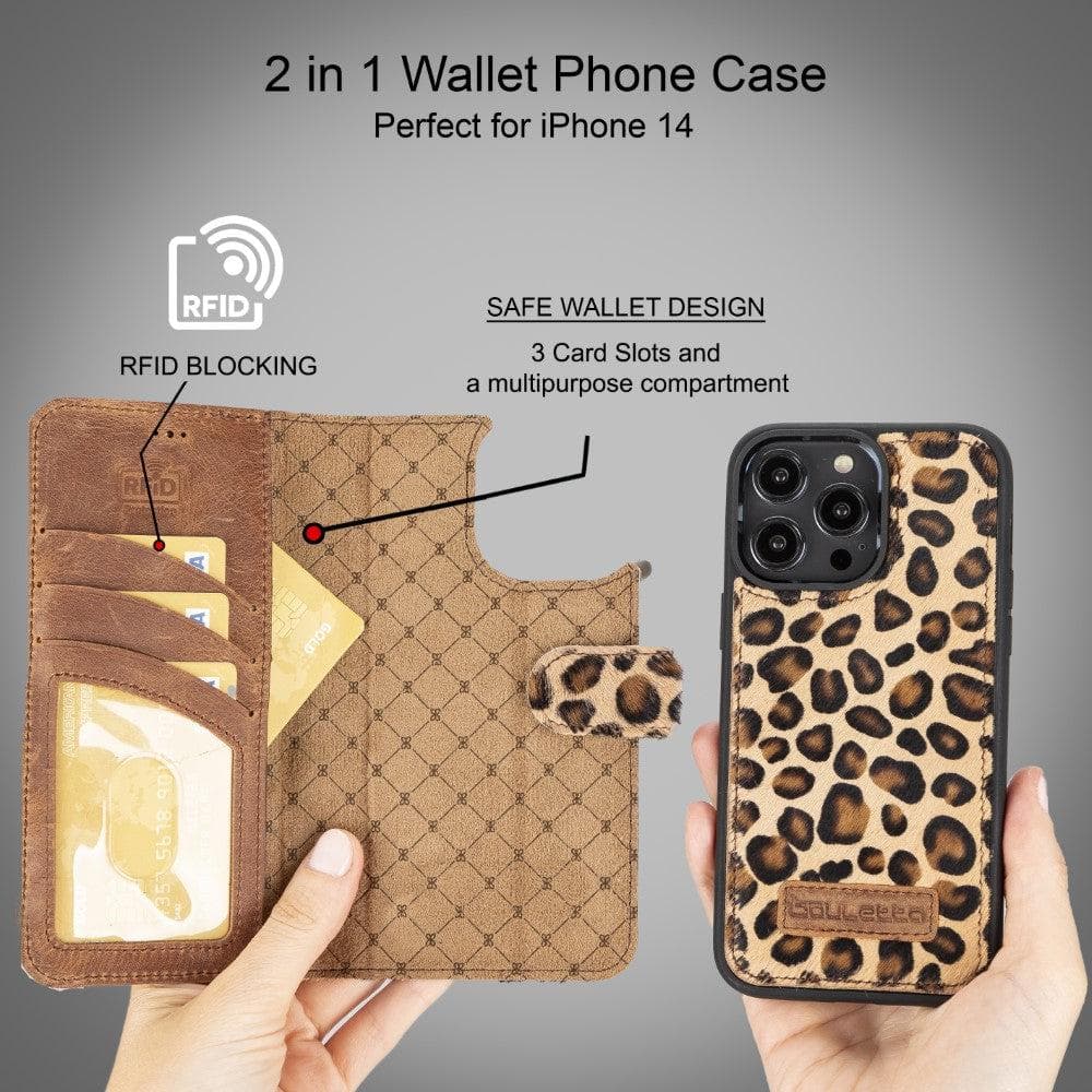 Magic iPhone 14 Series Detachable Darker Color Genuine Leather Wallet Case -