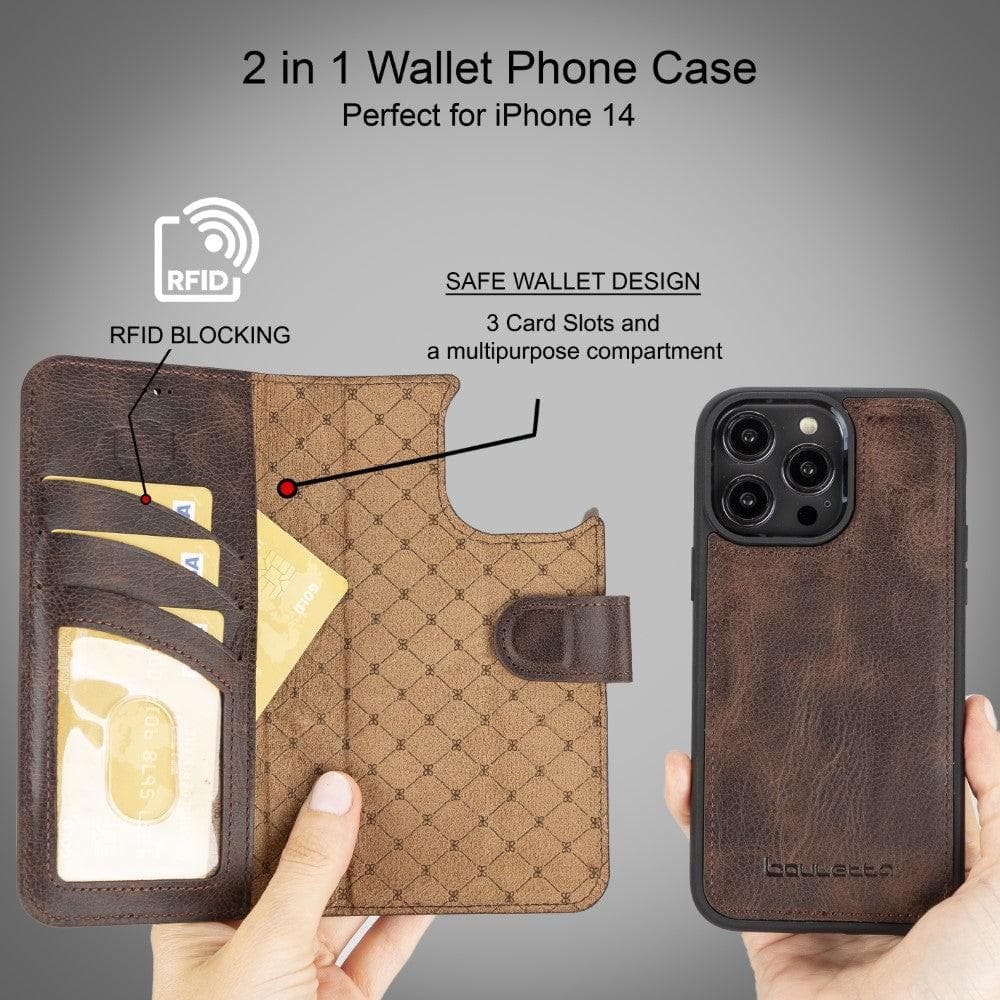 Magic iPhone 14 Series Detachable Darker Color Genuine Leather Wallet Case -