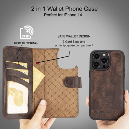 Magic iPhone 14 Series Detachable Darker Color Genuine Leather Wallet Case -