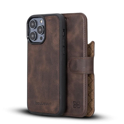 Magic iPhone 14 Series Detachable Darker Color Genuine Leather Wallet Case -