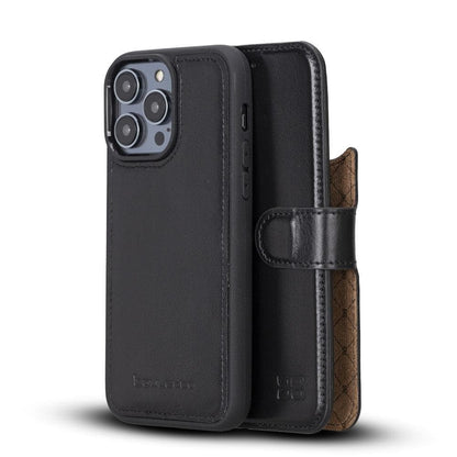 Magic iPhone 14 Series Detachable Darker Color Genuine Leather Wallet Case -