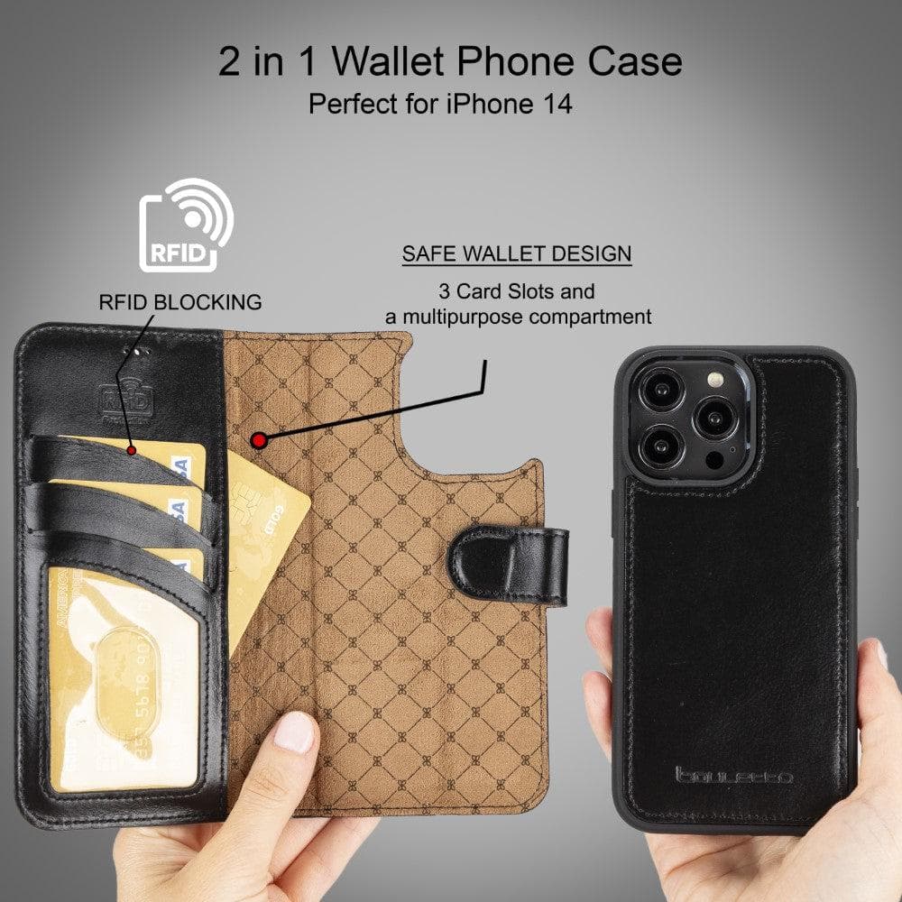 Magic iPhone 14 Series Detachable Darker Color Genuine Leather Wallet Case -