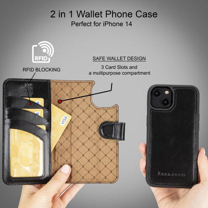 Magic iPhone 14 Series Detachable Darker Color Genuine Leather Wallet Case -