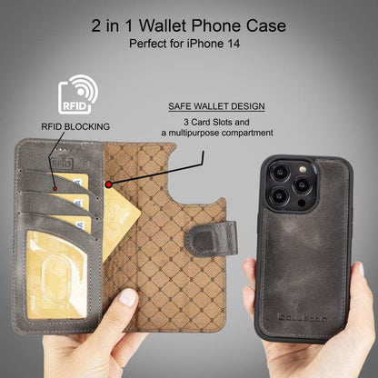 Magic iPhone 14 Series Detachable Darker Color Genuine Leather Wallet Case -